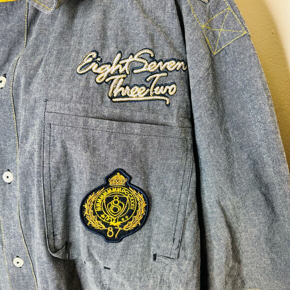Eight 732 Button Up Denim Shirt 3XL Mens Blue Hip Hop Embroidered Streetwear New - Picture 10 of 10
